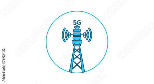 A 5G communication tower is depicted in a blue circle.