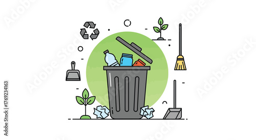 A trash can with recycling symbols and plants around it represents environmental cleanliness and sustainability.