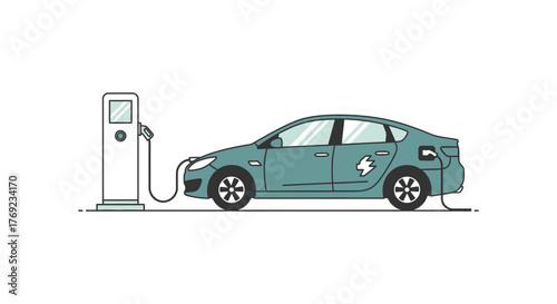 An electric car is charging at a charging station in a clean environment.