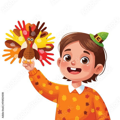Smiling child in an autumn sweater and pilgrim hat showing off his handmade paper turkey craft for Thanksgiving