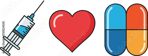 A syringe, a heart symbol, and two colorful pills are displayed together.