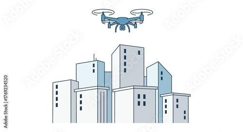 A drone flies over a cityscape of modern buildings.