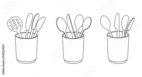Simple line drawing of kitchen utensils in three cylindrical containers