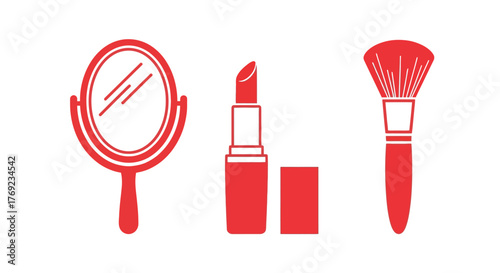 A red hand mirror, open lipstick, and makeup brush are displayed on a white background.