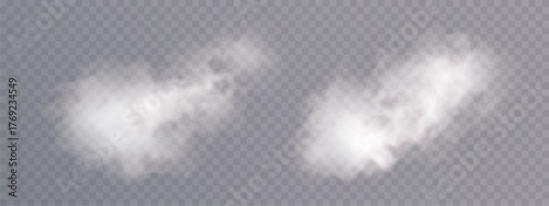 Realistic white smoke puffs with soft edges on a transparent background. Isolated vapor clouds for overlays, steam effects, breath, exhaust and atmospheric compositing.