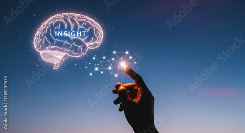 Human finger touching luminous network connected to a glowing brain outline with the word 