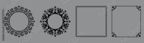 Set of decorative frames Elegant vector element for design in Eastern style, place for text. Floral black and gray borders. Lace illustration for invitations and greeting cards