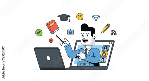 A digital instructor teaches a class online with a laptop and various educational icons surrounding them.
