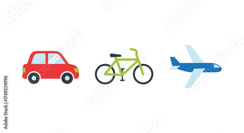 A red car, a green bicycle, and a blue airplane are lined up together on a white background.