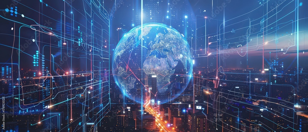 Fototapeta premium Futuristic cityscape at night with glowing holographic globe and digital data network overlay, symbolizing global communication, smart city, and high tech connection.