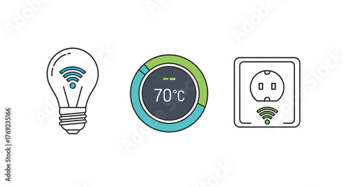 Smart home technology icons include a lightbulb, thermostat, and electrical outlet.