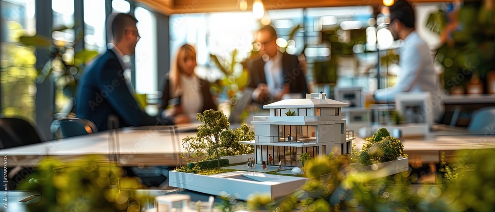 Naklejka premium Business meeting in modern office with house model on desk, symbolizing real estate, property investment, and architecture. Perfect for illustrating teamwork, housing market, planning, and mortgage.