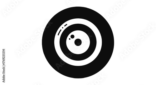 Stylized black and white target with a single eye looking out