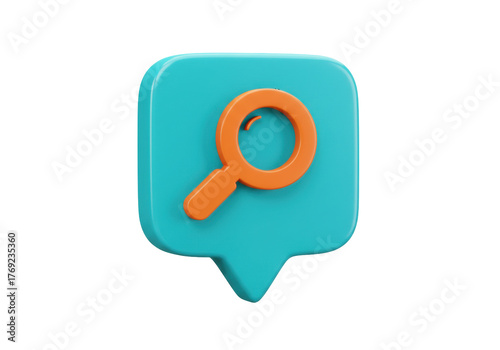 Isolated magnifying glass inside a blue speech bubble for search, find or lookup apps