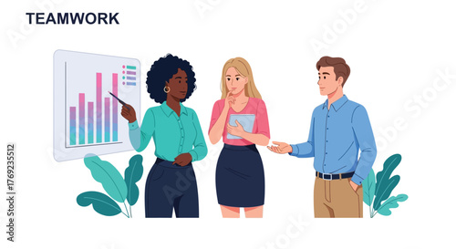 Diverse team collaborating on a business presentation, analyzing growth charts for success.