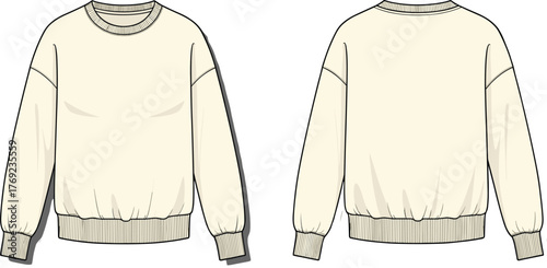 Men's sweatshirt front back view, fashion flat sketch, ribbed cuff hem neckline, relaxed fit, vector garment template, cad drawing flat vector illustration