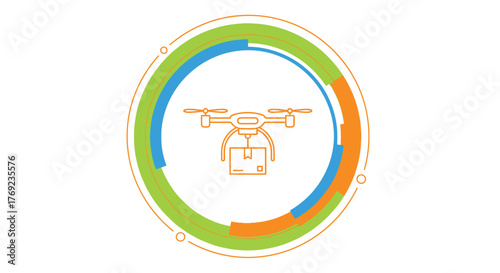 Modern drone delivering package within a stylized circular graphic, symbolizing logistics and technology.