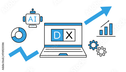 DXの文字が書かれたノートパソコンとAIやグラフなどのアイコン