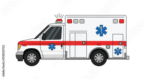 Modern ambulance vehicle with red stripe and emergency lights ready for medical transport