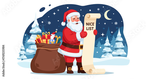 Santa Claus Holding a Christmas List with Presents and a Sack Full of Gifts