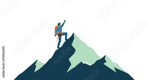 Determined climber celebrates reaching the summit of a majestic mountain peak.