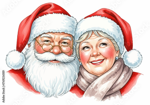 Festive Watercolor Portrait of Santa Claus and Mrs