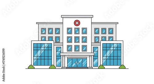 Modern hospital building with large windows and a prominent entrance.