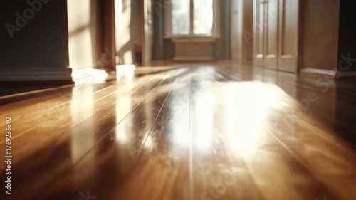 A serene interior view of a sunlit hallway showcasing polished wooden flooring, with soft shadows and natural light streaming through large windows, creating a calm atmosphere