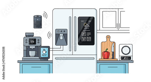Modern smart kitchen with connected appliances and digital display on refrigerator