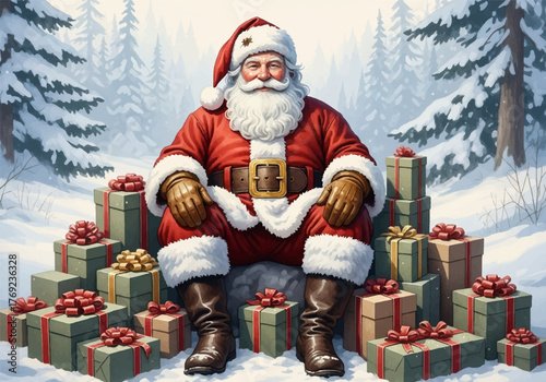 Santa Claus watercolor painting surrounded by Christmas gifts in a snowy forest
