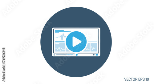 Digital media player screen with play button and waveform graphics, representing online video or streaming.