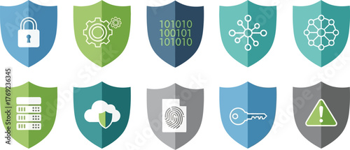 Collection of digital security and data protection shield icons