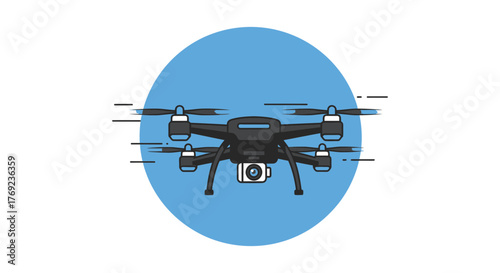 Modern drone with camera captured in flight against a bright blue circle