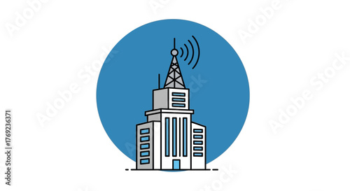 Modern office building with antenna broadcasting signals against a blue circle