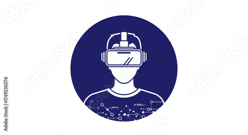 Person wearing virtual reality headset, exploring digital world with futuristic connections