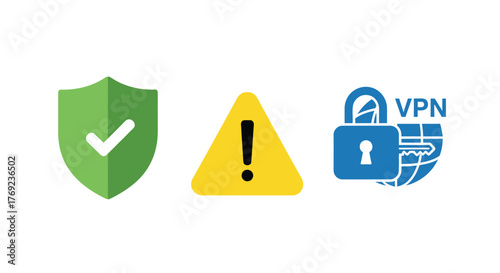 Digital security icons representing protection, warning, and secure VPN connection