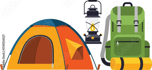 Colorful camping gear including a tent, lantern, and backpack ready for adventure