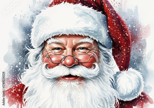 Close up watercolor painting of Santa Claus with red hat and white beard, festive holiday spirit