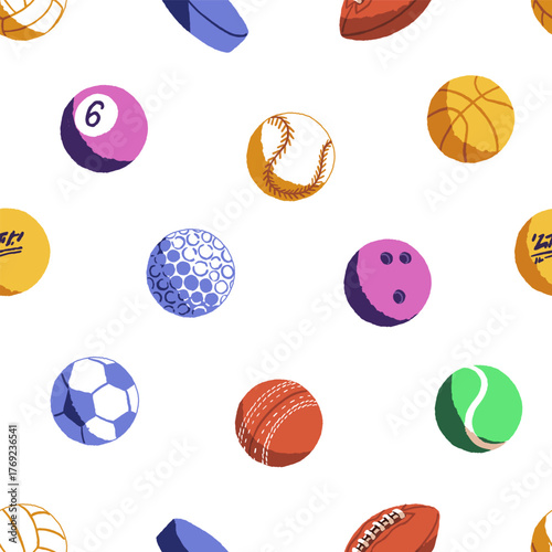 Endless background of different balls. Repeatable pattern of sports equipment to play various games: baseball, basketball, American football, soccer and volleyball. Flat seamless vector illustration