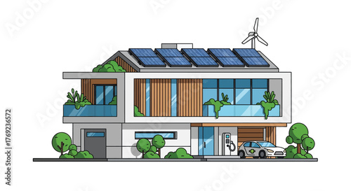 Modern eco-friendly house powered by solar panels and wind turbine, with electric car charging.