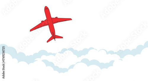 Vibrant red airplane soaring through a bright sky above fluffy white clouds.