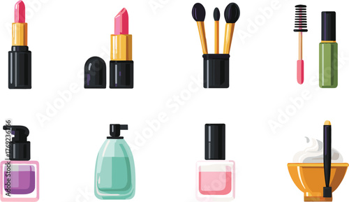 Beauty items like lipstick, perfume, and brush in clean vector design