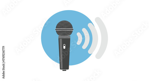 Microphone broadcasting sound waves, symbolizing communication, voice, and performance.