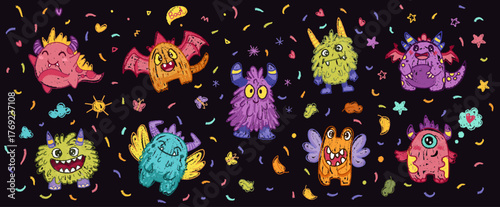 Cute crayon monster set, doodle spooky kids creature, colorful hand drawn pencil vector illustration. Monster drawing for kids or children notes or cover design