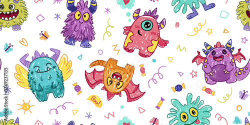 Seamless pattern with crayon children drawing. Vector cartoon doodle illustration with cute kind monsters for halloween or notebook cover