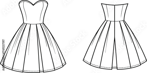 Strapless dress technical sketch, sweetheart neckline, flared skirt, back seam detail, fashion flat, garment construction, cad drawing flat vector illustration