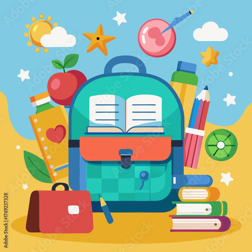 Brightly colored school supplies and backpack ready for learning adventures