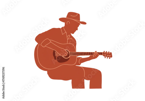 Isolated man playing guitar with cowboy hat, music player silhouette, music performance