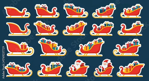 Vector sticker collection of red Christmas sleighs with gifts. Santa Claus holiday transportation icons for winter celebration