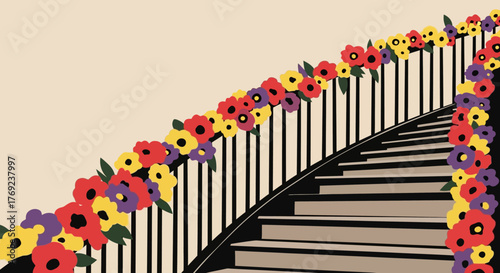 Graceful Curved Staircase Elegantly Decorated with a Vibrant Floral Garland for Festive Occasions and Home Decor
